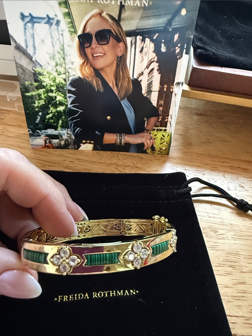 Freida Rothman Green Malachite and Crystal Gold Bracelet